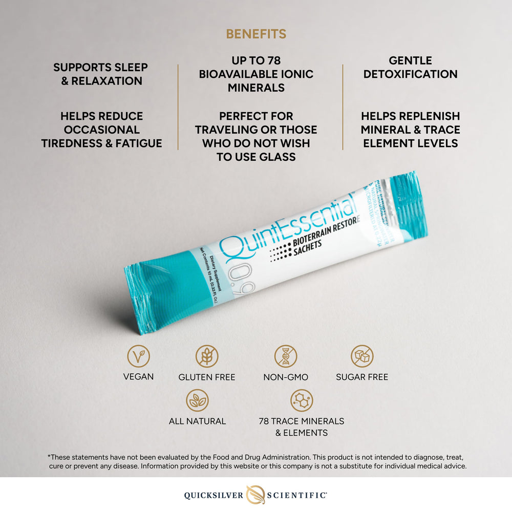 QuintEssential 0.9 sachet label highlighting multi-mineral concentration