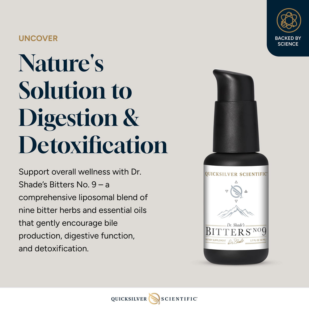 Quicksilver Scientific Dr. Shades Bitters No. 9 label close-up highlighting key ingredients.