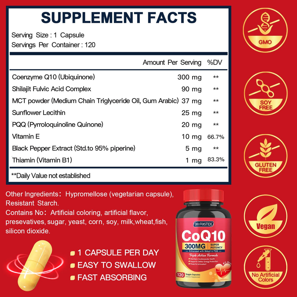 Triple-strength CoQ10 300mg with PQQ and Shilajit capsules