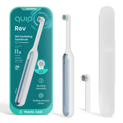 Front view of Quip 360 toothbrush in Blue Mist