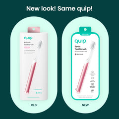 Detail shot of the pink metal handle on the Quip toothbrush