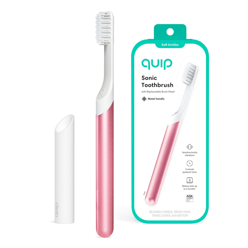 Pink Quip Sonic Toothbrush for adults with travel cover and metal handle