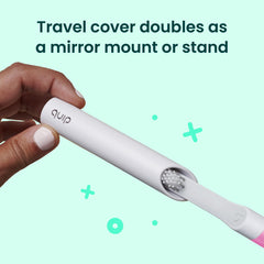 Box and extra brush head included with magenta quip toothbrush