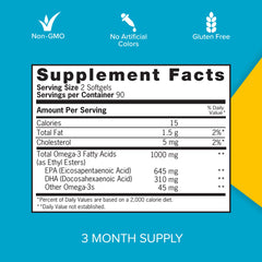 Qunol Fish Oil Mini Label highlights 1000 mg Omega-3 with EPA and DHA.