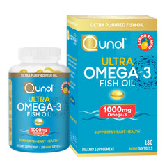 Qunol Fish Oil Omega-3 Mini Softgels bottle with 180 count
