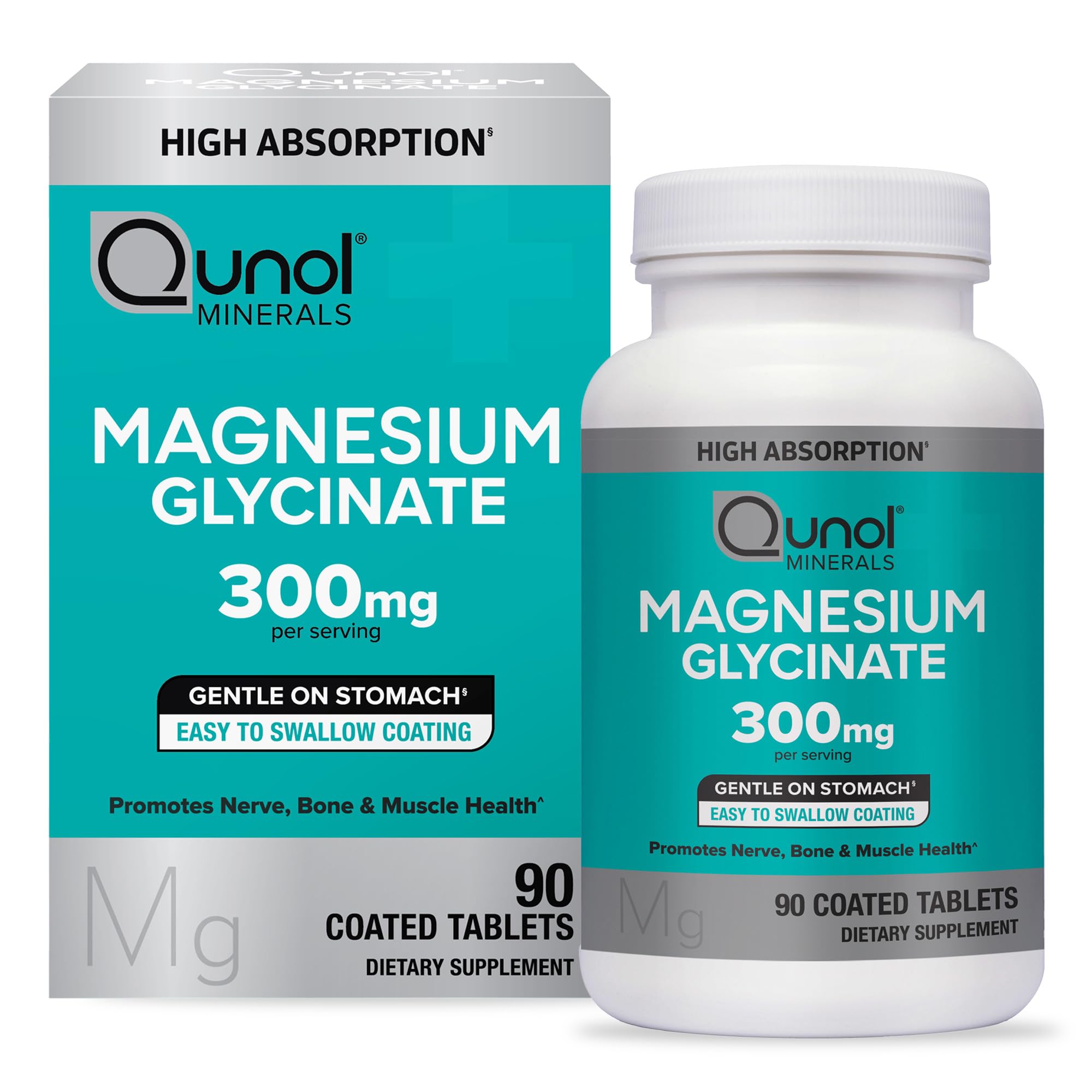 Qunol Magnesium Glycinate 300mg bottle and tablets Qunol Magnesium Glycinate 300mg bottle and tablets