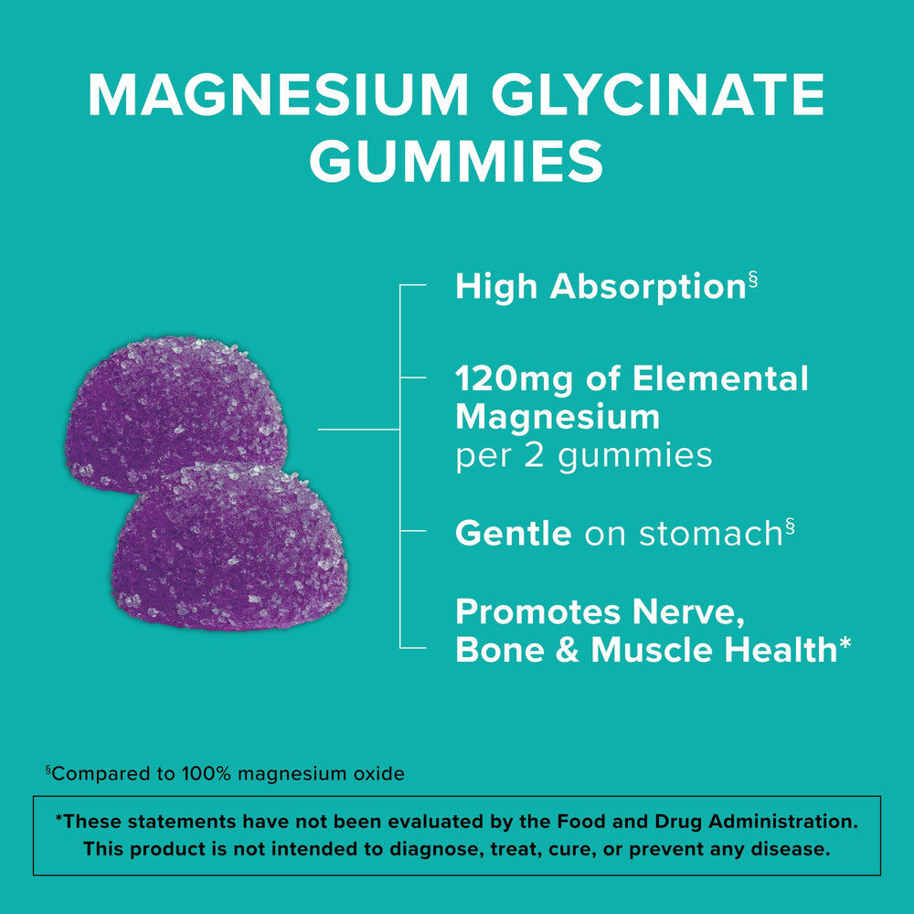 Qunol Magnesium Glycinate Gummies bottle on table emphasizes convenient daily dosing.