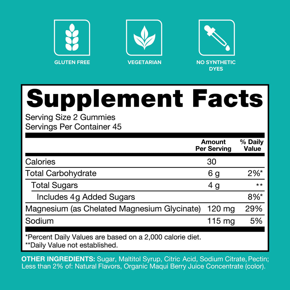 Qunol Magnesium Glycinate Gummies label detail highlights gluten-free and vegetarian features.