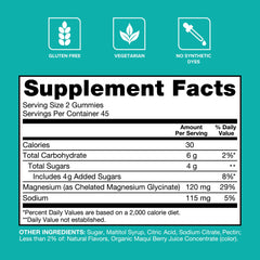 Qunol Magnesium Glycinate Gummies label detail highlights gluten-free and vegetarian features.