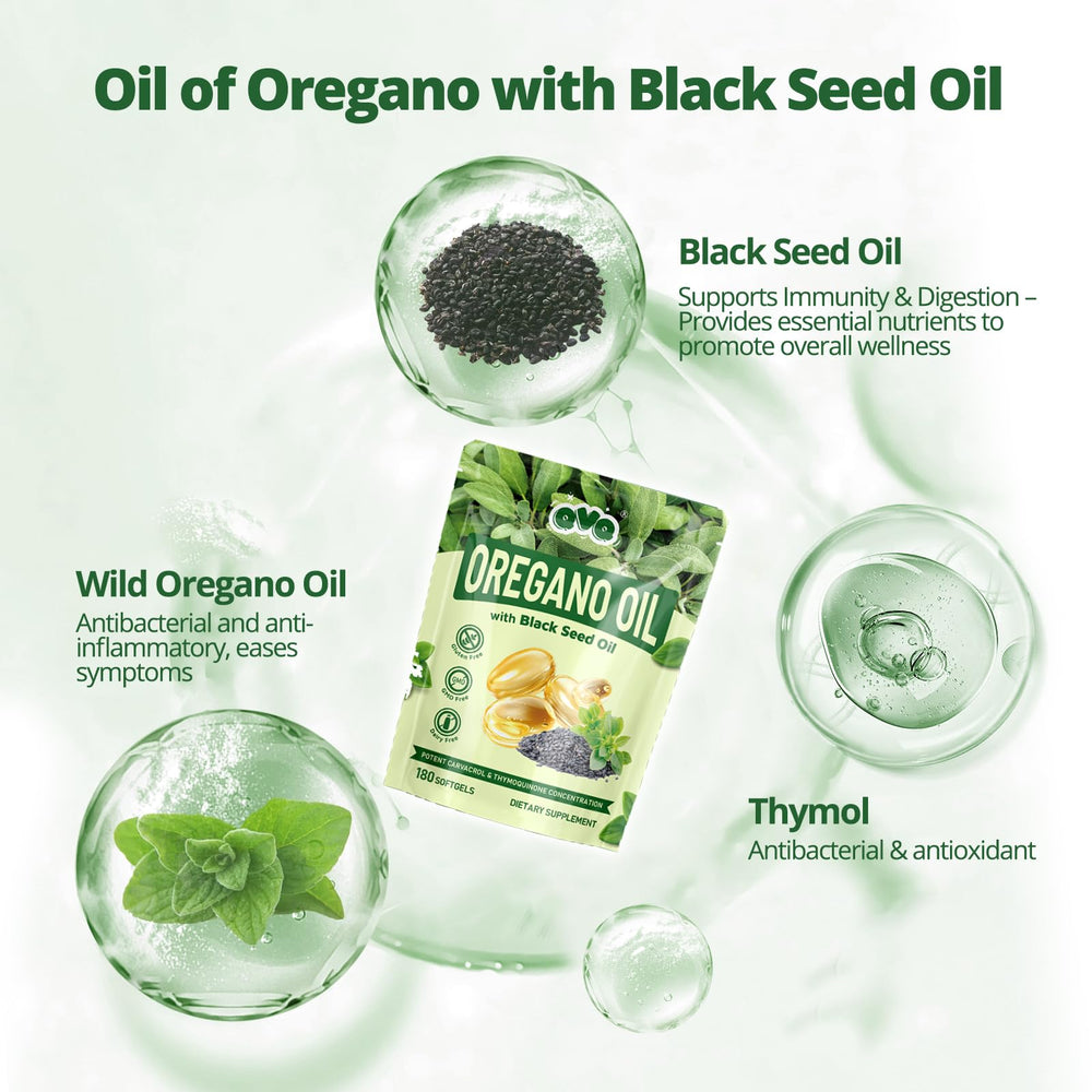 Back label with supplement facts for QVQ Oil of Oregano Softgels