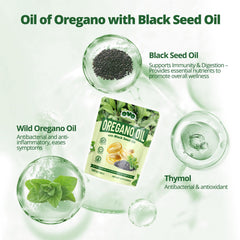 Back label with supplement facts for QVQ Oil of Oregano Softgels
