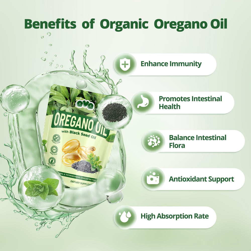 Ingredients list and organic label for QVQ oregano oil softgels
