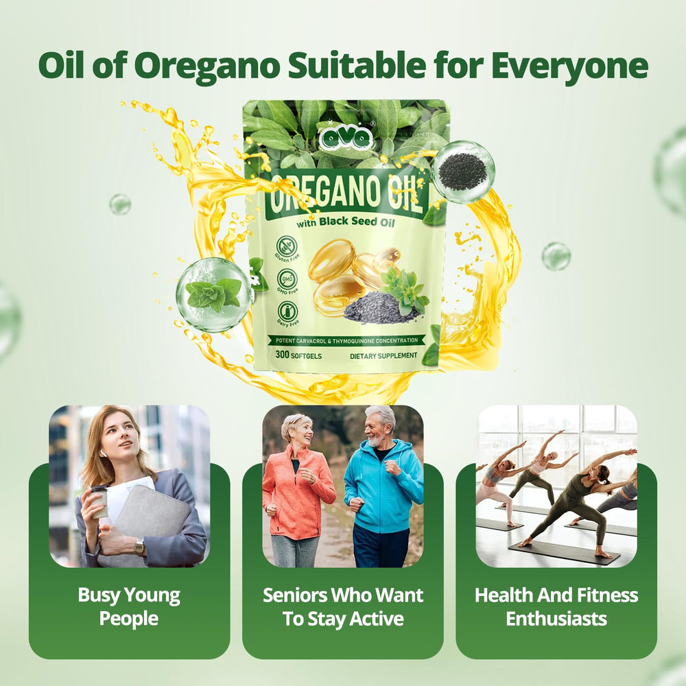 Oregano oil softgels with black seed oil ingredients and carvacrol & thymoquinone per serving