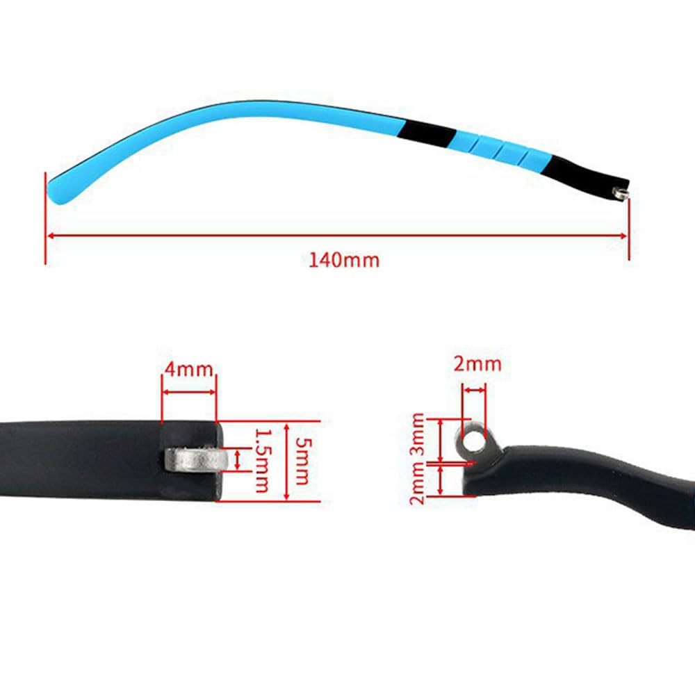 Close-up of silicone frame arms for kids' glasses in black and blue