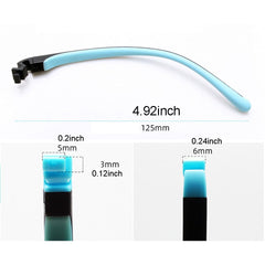 Close-up of silicone replacement temple arm for kids glasses Black/Blue