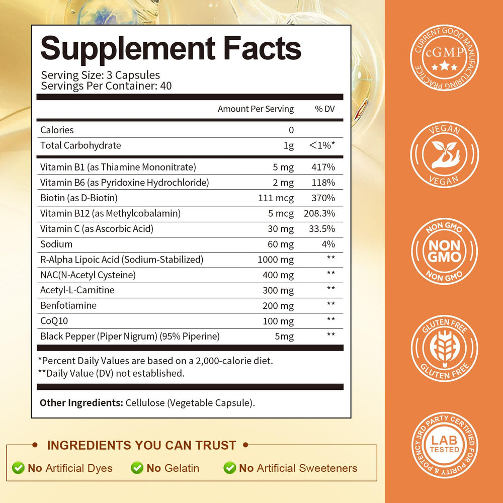 Vegan, gluten-free, non-GMO product badges on bottle