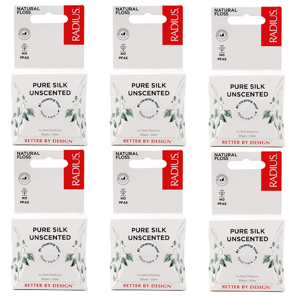 Pack of 6 RADIUS Natural Silk Dental Floss (33 yards each)