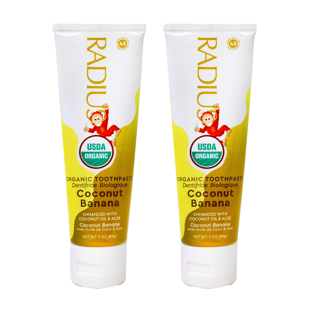 Front packaging of RADIUS USDA Organic Kids Toothpaste Coconut Banana