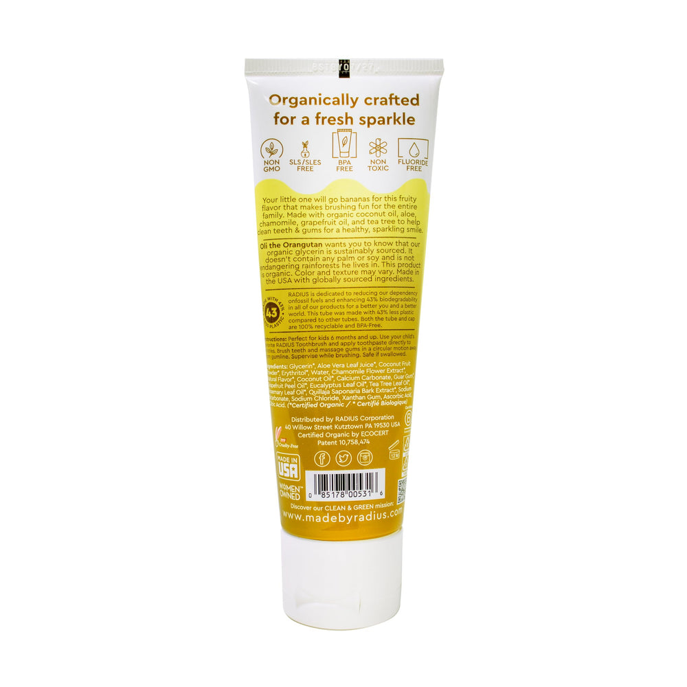 Ingredients list for RADIUS Organic Kids Toothpaste Coconut Banana