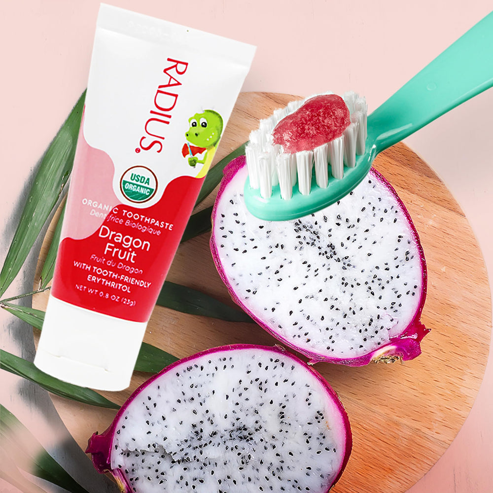 Brand name and flavor 'Dragon Fruit' on toothpaste packaging