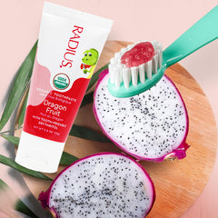 Brand name and flavor 'Dragon Fruit' on toothpaste packaging