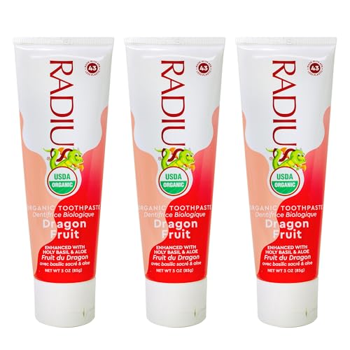 Back view of Radius USDA Organic Kids Toothpaste Dragon Fruit Pack of 3