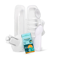 RADIUS Vacation Pastel Bundle 4-piece eco-friendly dental care set in white (left-handed brush, travel case, holder, floss)