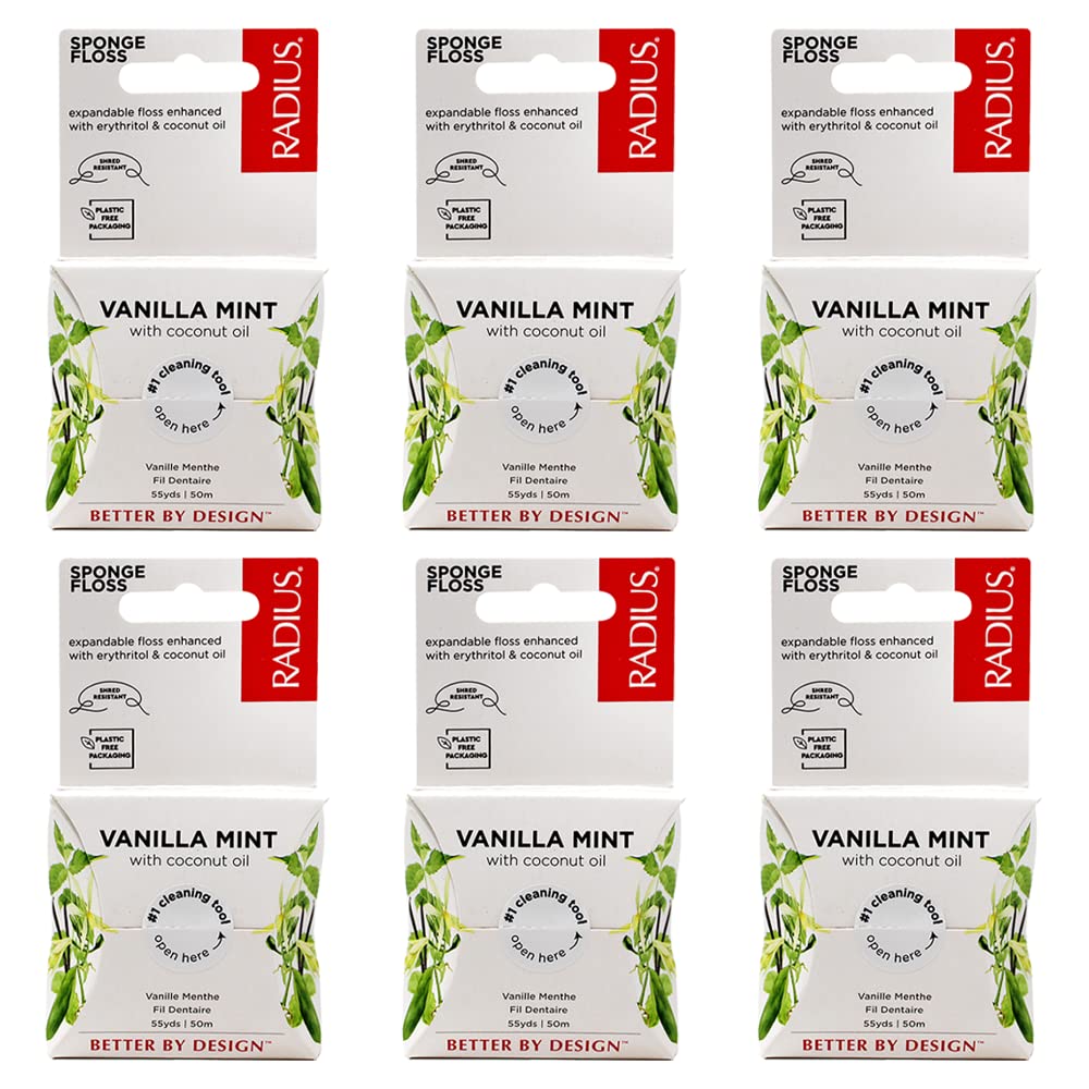 RADIUS Vanilla Mint Dental Floss 6-pack packaging on recyclable cardboard box