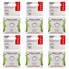 RADIUS Vanilla Mint Dental Floss 6-pack packaging on recyclable cardboard box