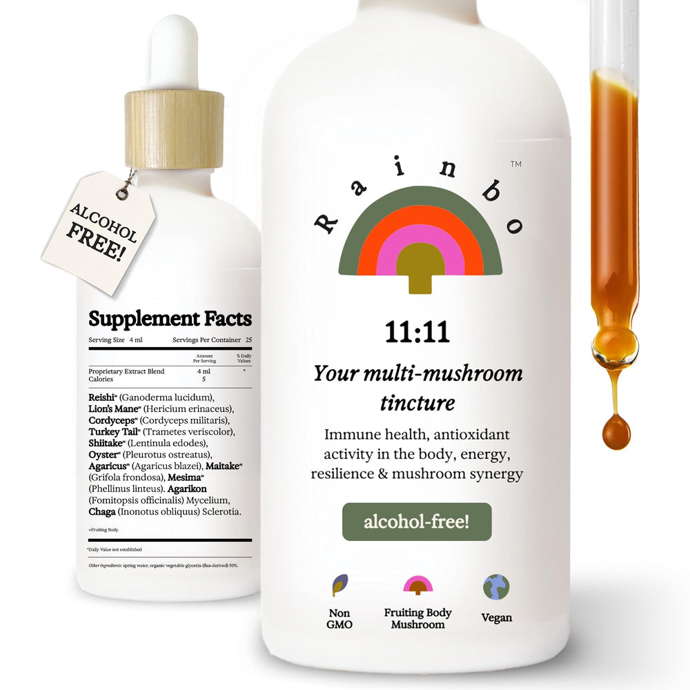 Front view of Rainbo 11:11 Multi Mushroom Tincture bottle