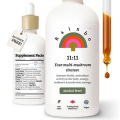 Front view of Rainbo 11:11 Multi Mushroom Tincture bottle