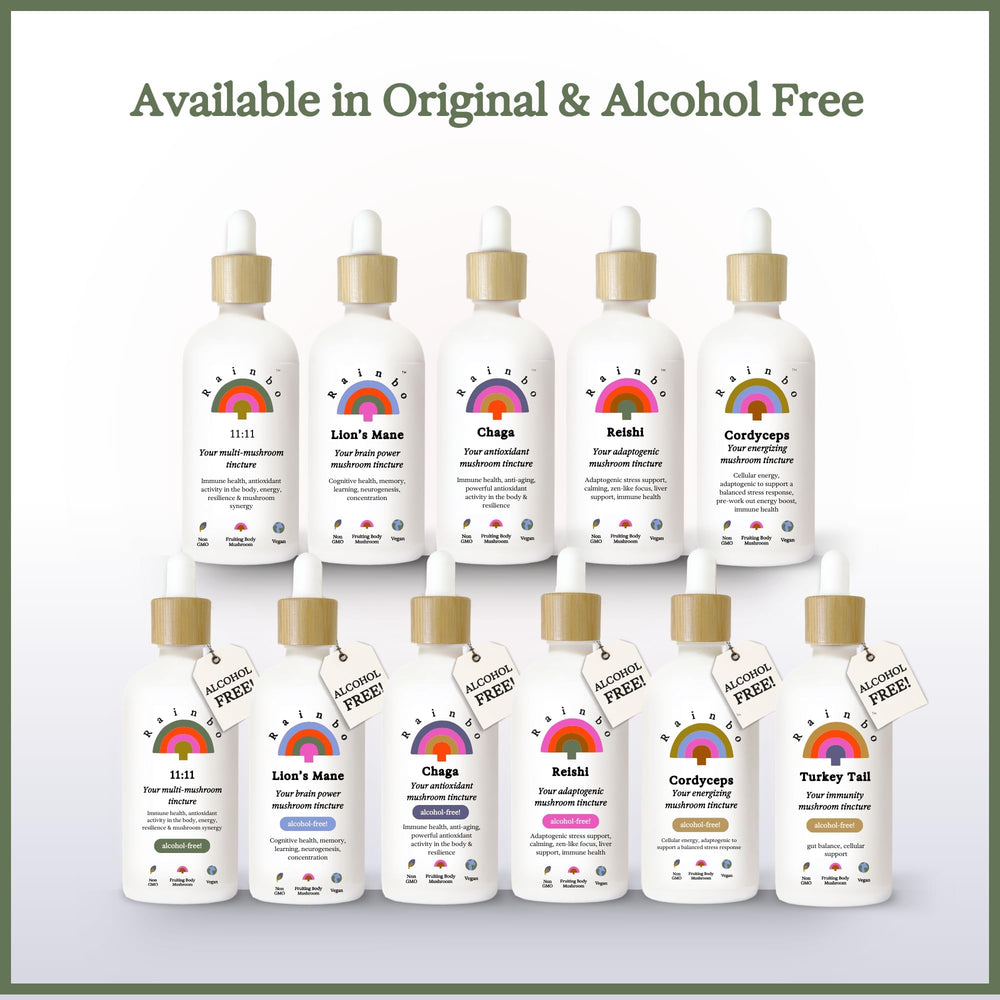 Sustainably cultivated mushroom sources used in Rainbo tincture