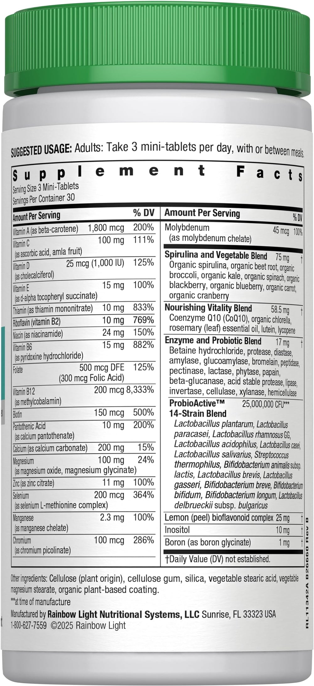 Nutrition facts and ingredients panel for Rainbow Light 50+ Mini-Tablet Multivitamin