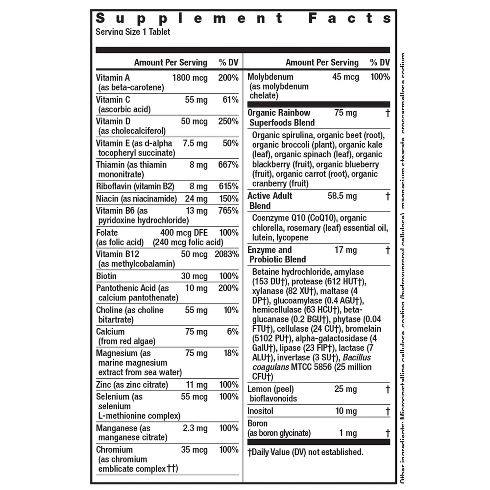 Rainbow Light Active Adult 50+ packaging box with non-GMO and vegetarian claims.