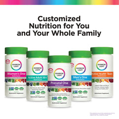 Rainbow Light Active Adult 50+ vegetarian certification badge showcases plant-based formula.