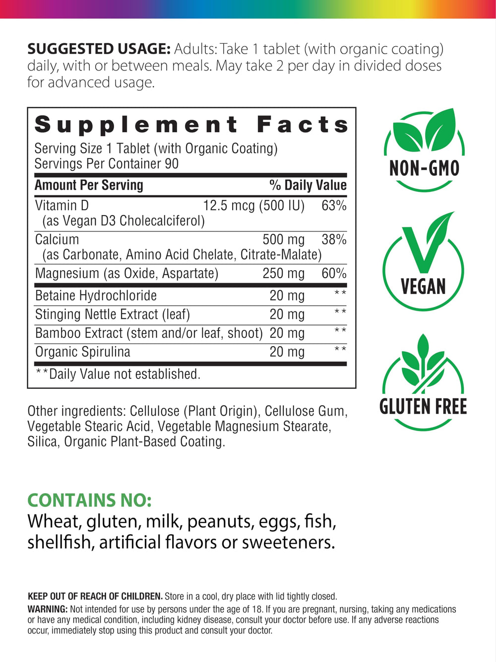 Close-up of Rainbow Light calcium-magnesium-vitamin D3 packaging