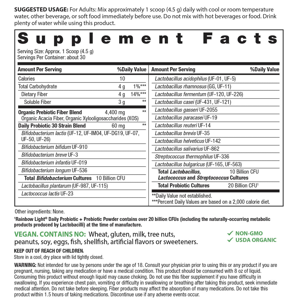 Label image showing 20B CFU and 30 probiotic strains for Rainbow Light powder