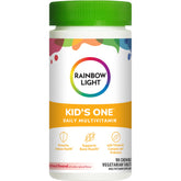Front view of Rainbow Light Kids One multivitamin bottle, fruit punch flavor, 90-count