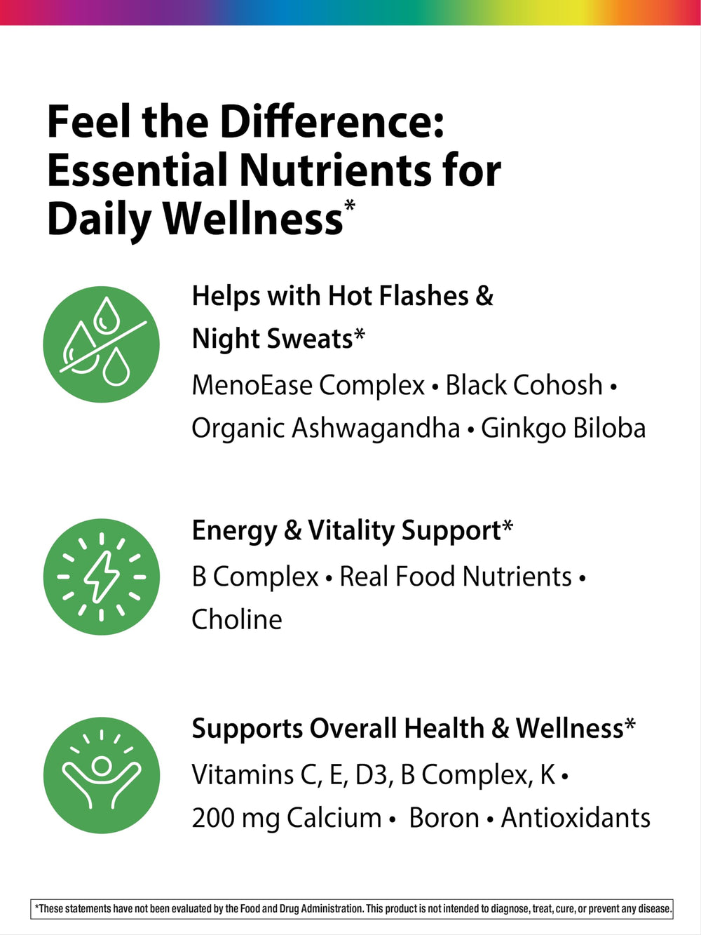 Highlights: energy support, cardiovascular and bone health in Rainbow Light Menopause One