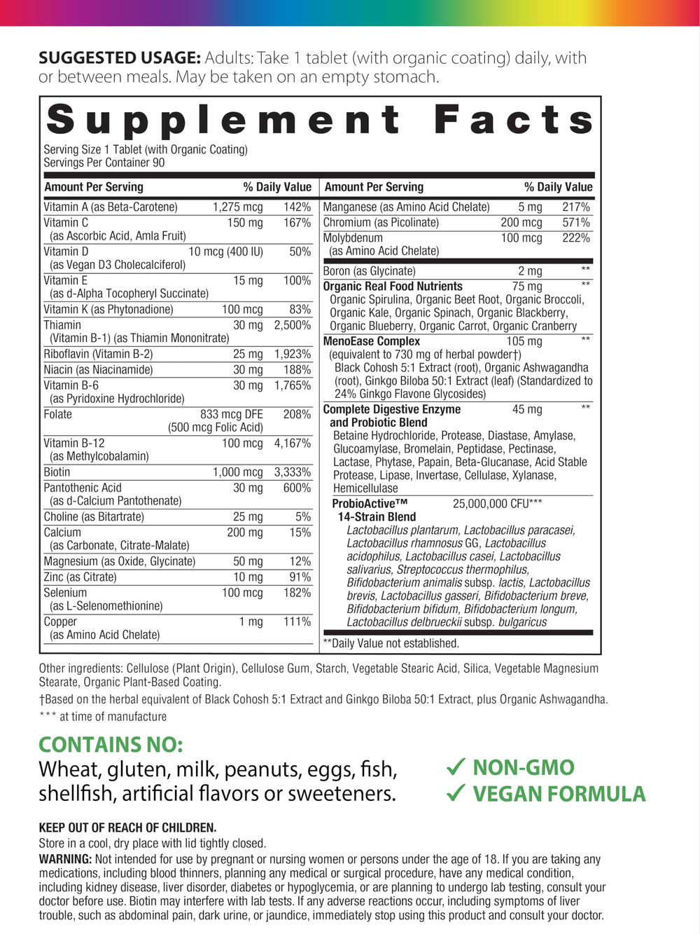 Nutritional ingredients panel for Rainbow Light Menopause One