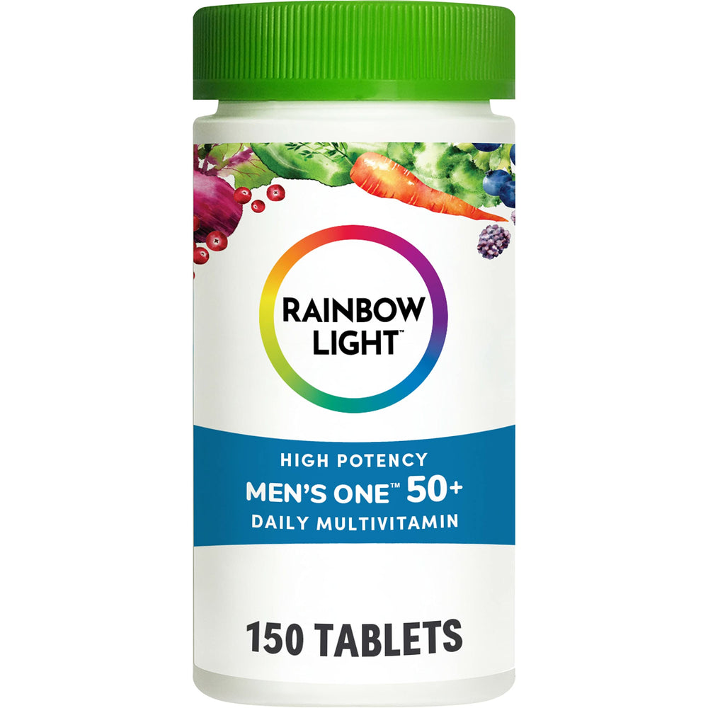 Rainbow Light Men's One 50+ Multivitamin bottle label showing 150 tablets