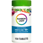 Rainbow Light Men's One 50+ Multivitamin bottle label showing 150 tablets