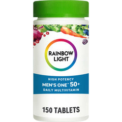Rainbow Light Men's One 50+ Multivitamin bottle label showing 150 tablets