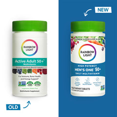 Close-up of Rainbow Light Men's One 50+ 150-tablet bottle