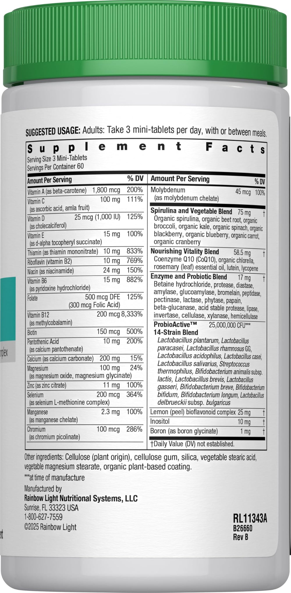 Nourishing Vitality Blend ingredients including spirulina, kale, beet and spinach with probiotics