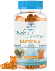 Raiz DE 15-Day Cleanse Gummies bottle front for vegan gut detox and gentle support.