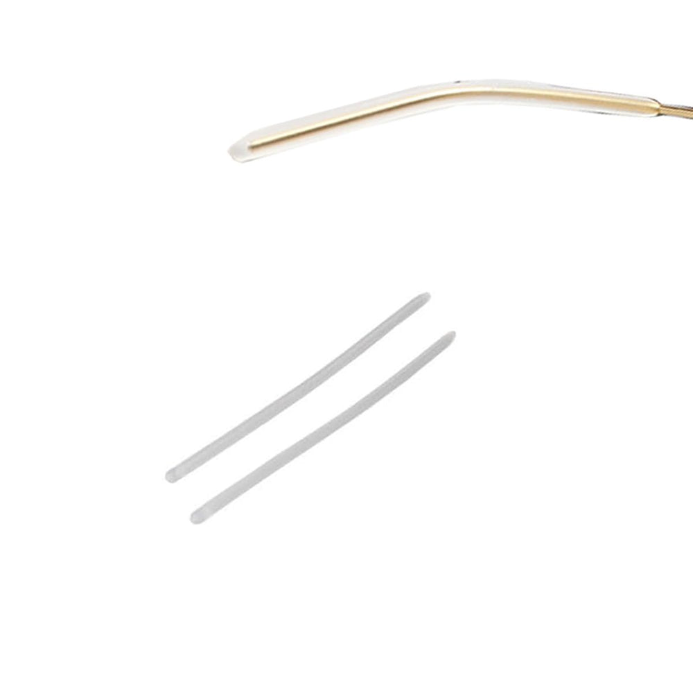 Close-up of RALHAYWI temple tips on thin metal eyeglass frames
