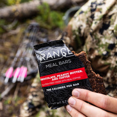 Range Meal Bar gluten-free shelf life note visible on wrapper, ideal for trips.