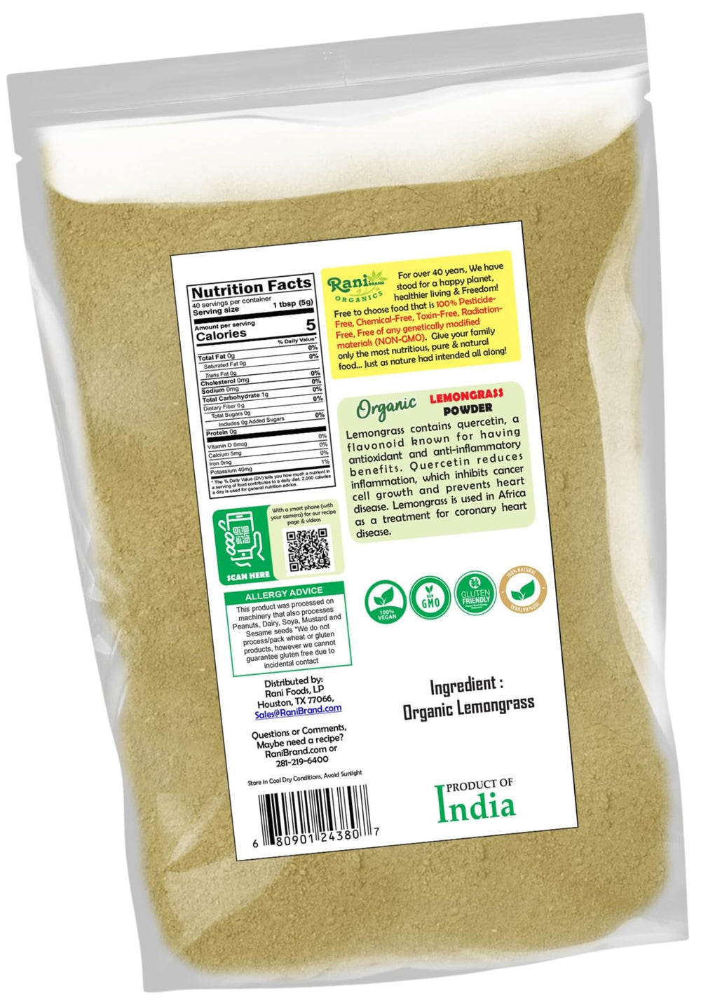 Detailed product label with ingredients and certifications