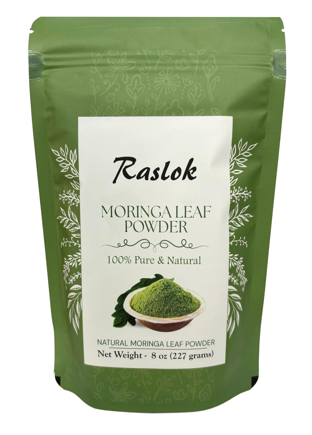 Raslok Moringa Powder bottle and 100% pure Moringa leaf powder close-up
